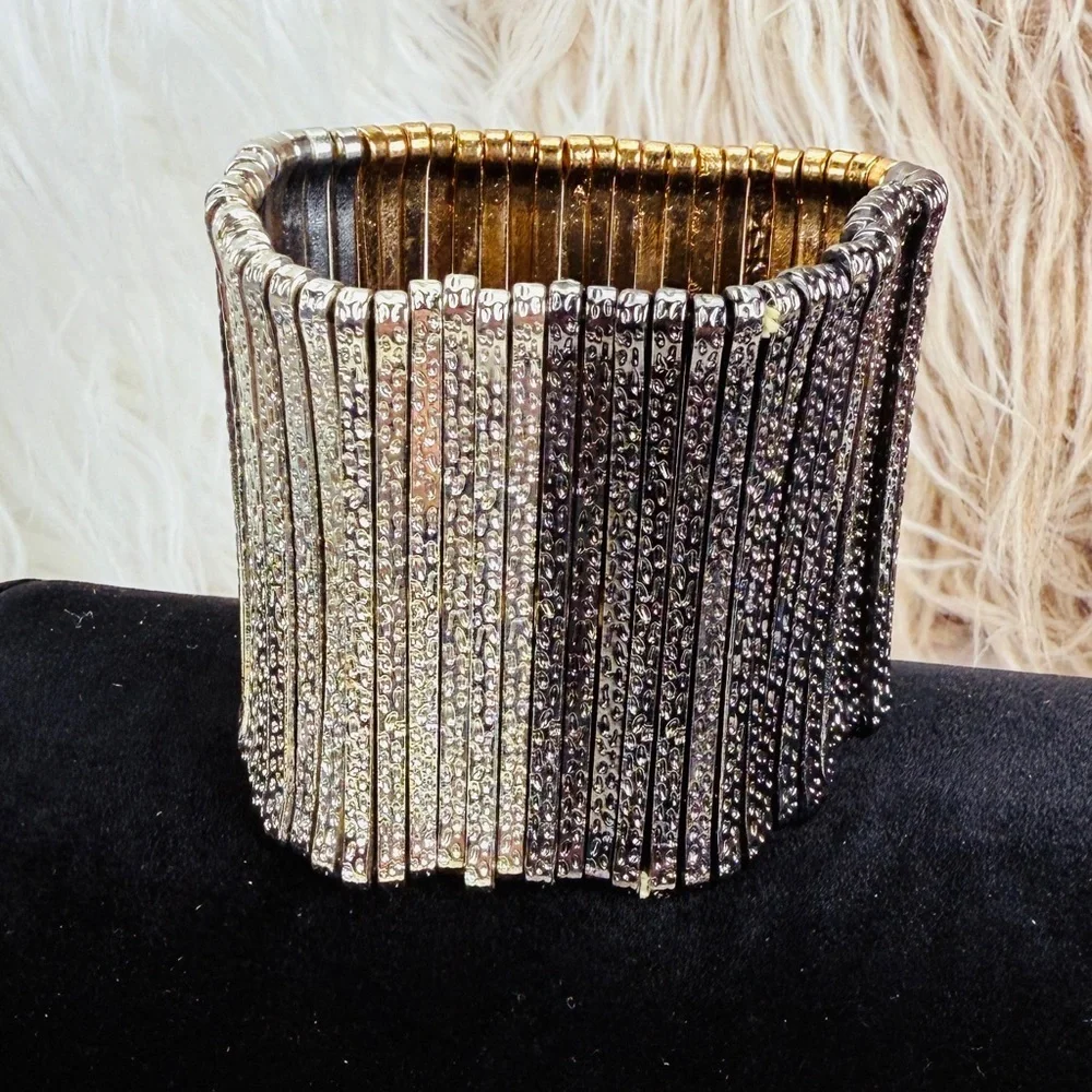 Silvertone aged Goldtone, black gunmetal wide band stretch bracelet